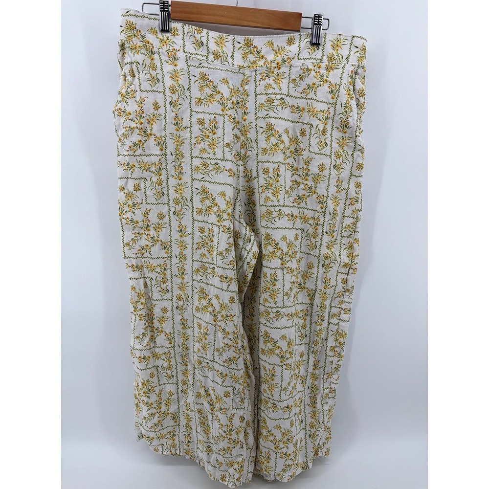 Joie 100% Linen Pants, Ivory Floral Pull On Pockets Cropped, Wide Leg, XL